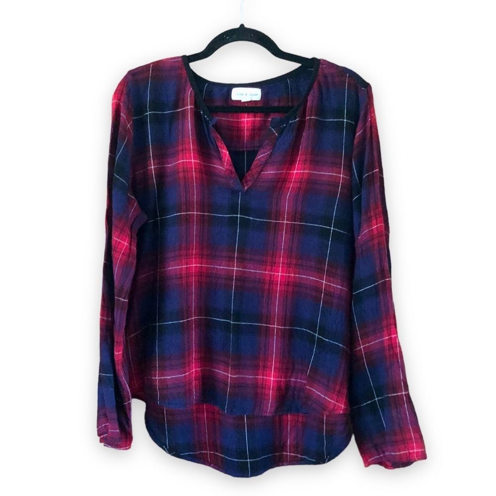 Anthropologie Cloth & Stone Blue Red Plaid Long Bell Sleeve V-Neck Tunic Large